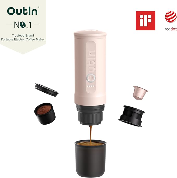 OutIn Nano Portable Electric Espresso Machine, Travel Coffee Maker for Camping, Car Coffee Maker Self-Heating with USB-C, With Ground Coffee & NS Capsule for RV, Hiking, Office