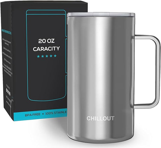 CHILLOUT LIFE Stainless Steel 20 oz Vacuum Insulated Coffee Mug with Handle and Lid, Large Thermal Camping Coffee Mug Cup with Durable Sliding Lid for Men & Women, Keeps your Beverages Hot/Cold