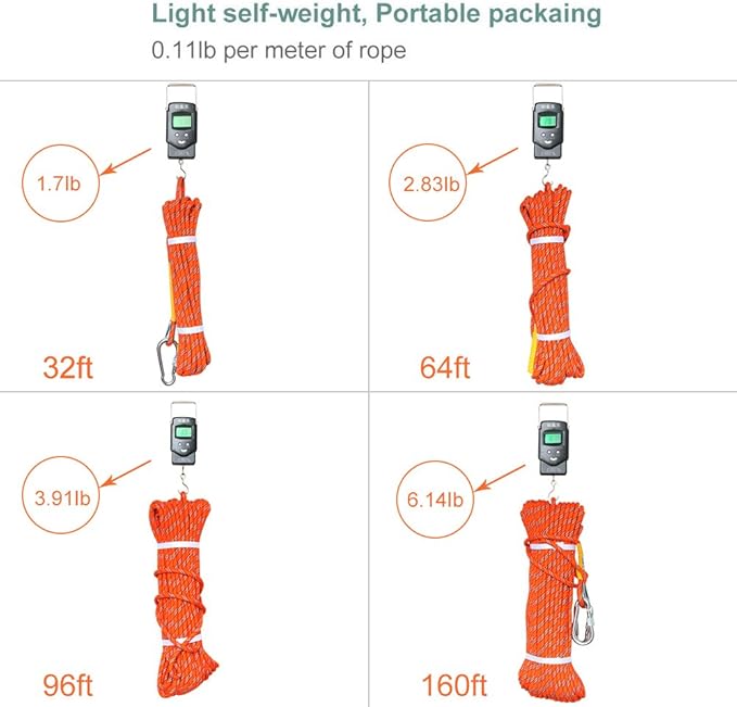 X XBEN Outdoor Climbing Rope 10M(32ft) 20M(64ft) 30M(96ft) 50M(160ft) 70M(230ft) 152M(500FT) 352M(1000FT) Static Rock Climbing Rope for Escape Rope Ice Climbing Equipment Fire Rescue Parachute