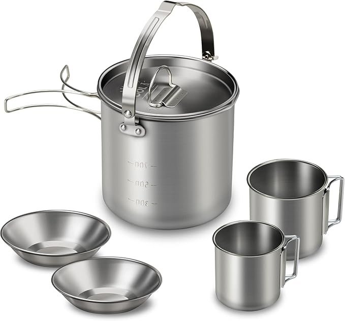 Lixada 5PCS Camping Cookware Set Stainless Steel 1.2L Camping Pot with 2 Cups & 2 Bowls, Lightweight Portable Backpacking Pot with Foldable Handles & Lid for Outdoor Cooking Hiking Picnic