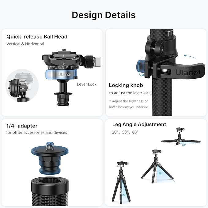 ULANZI TT35 57.48" Camera Monopod Tripod Carbon Fiber, 5 in 1 Multifunction DSLR Cam Travel Tripod Stand Lightweight Portable 360°Ball Head Detachable Trekking Poles