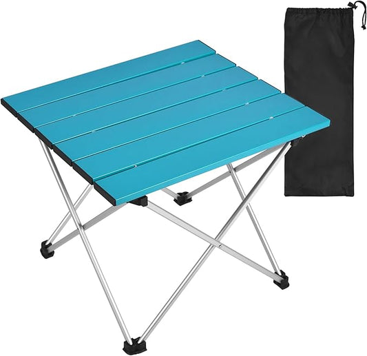 Tesouro Portable Camping Table,Folding Side Table Aluminum Top for Outdoor Cooking, Hiking, Travel, Picnic (Large, Blue)