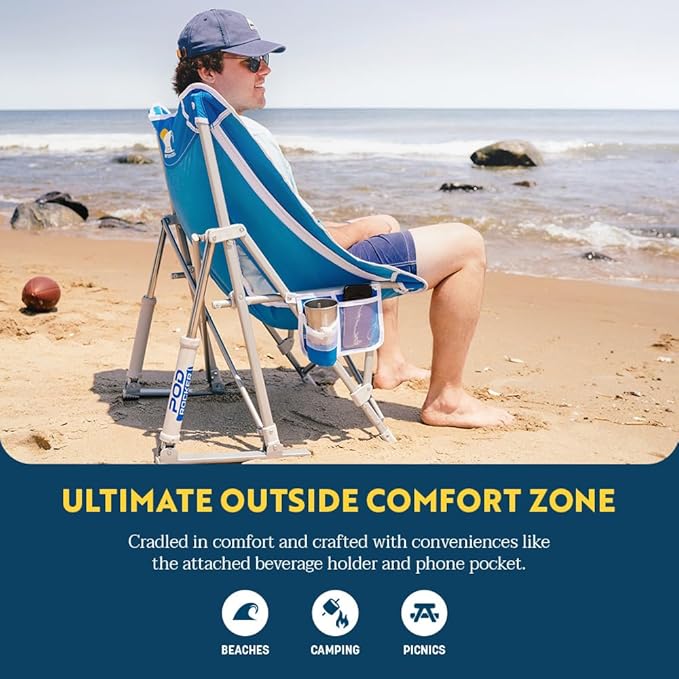 GCI Outdoor Pod Rocker Beach Chair | Collapsible Folding Rocking Chair with Drink Holder & Portable Carry Bag — Saybrook Blue