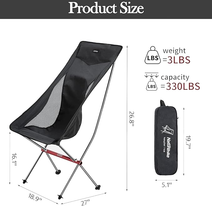 Naturehike Camping Chair, Foldable Chair with Storage Bag, Outdoor Portable Chair for Adults, Lightweight, Supports 330lbs, Backpacking Chair for Fishing, Hiking, Beach, Lawn (Black/L)