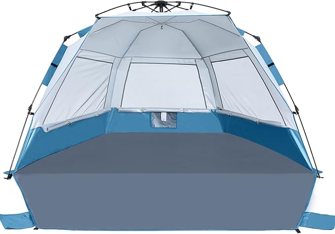 Beach Tent Instant Pop up Sun Shade Shelter for 4-6 Person with UV Protection，Extended Floor，3 Mesh Roll Up Windows with Carry Bag, Sandbags, Stakes(Turquoise)