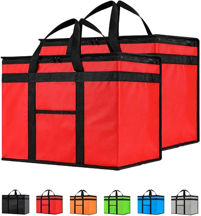 NZ home Insulated Cooler Bag and Food Warmer (XL Plus, 2 Pack) for Delivery & Grocery Shopping with Zippered Top, Red
