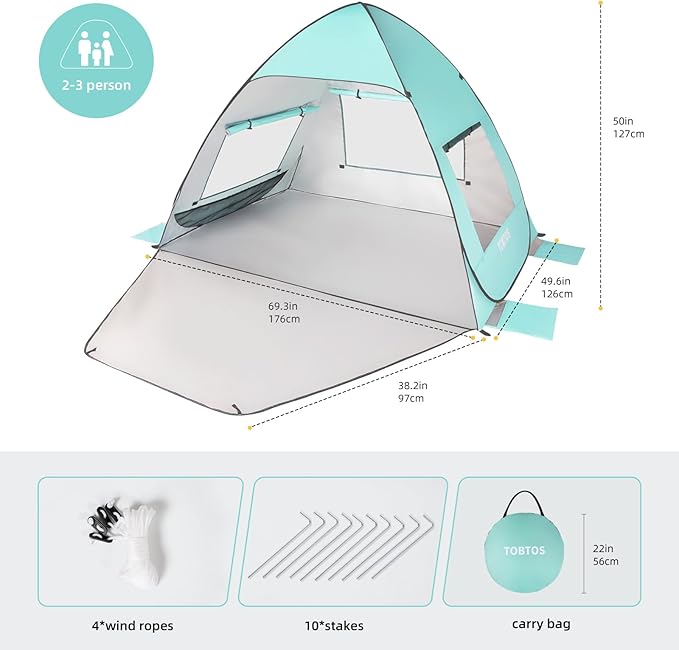 TOBTOS UPF 50+ Pop Up Beach Tent, Easy Set Up Beach Umbrella, Sun Shelter for 2-3 People UV Protection Portable Sunshade, Baby Canopy Cabana, Lightweight with Carry Bag