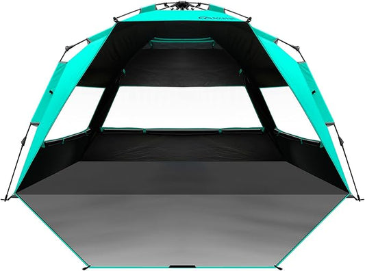 OutdoorMaster Beach Tent with Blackout Shelter Technology, Portable Beach Shade Sun Shelter Canopy for 4-6 Person with UPF 50+ UV Protection, Easy Setup Pop Up Tent Family Size