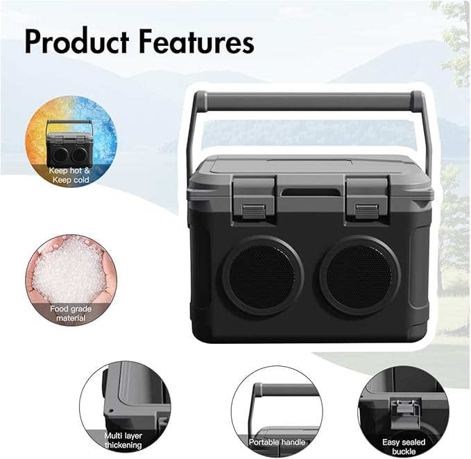 Camp Cooler with Bluetooth Speaker 22 Quart，48 Hours Ice Retention, Portable Handle, Outdoor Camping Cooler for BBQs, Beach, Hiking