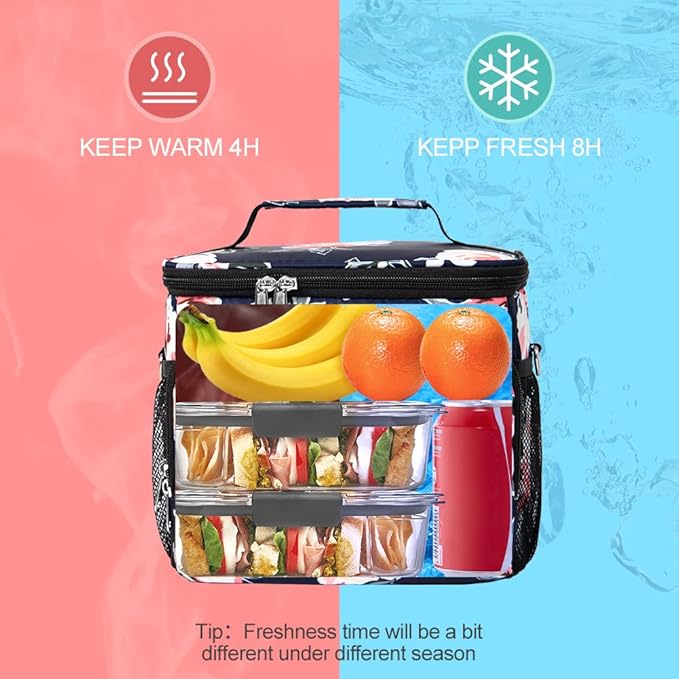 Tiblue Insulated Lunch Bag for Women/Men, Reusable Lunch Box for Office Work School Picnic Beach, Leakproof Freezable Cooler Bag with Adjustable Shoulder Strap for Kids/Adult(Medium, Romantic Rose)