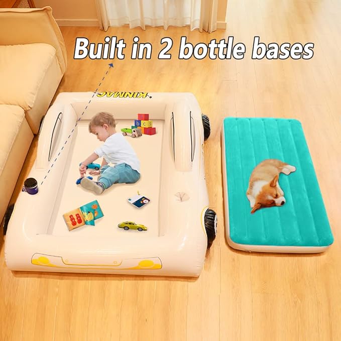 KINMAC Inflatable Toddler Travel Bed- Portable Travel Toddler Air Bed for Kids Camping Air Mattress Racecar Toddler Bed with Sides Blow Up Mattress Sleeping Pad for Camping Car Travel Sleeping(Green)