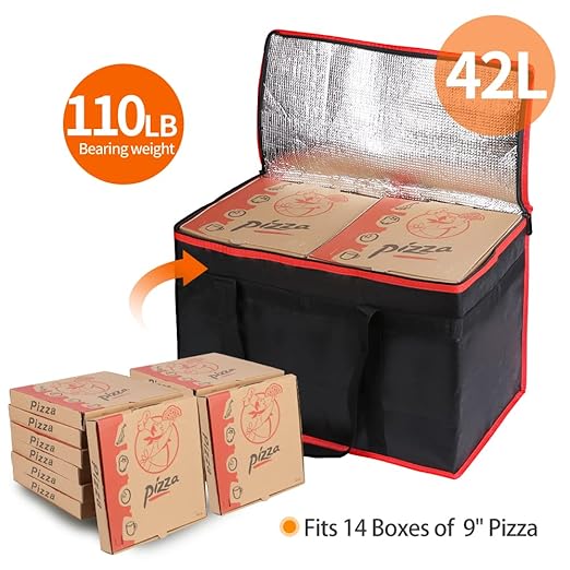 Bodaon Insulated Food Delivery Bag, XX-Large Reusable Grocery Shopping Bags, Picnic Cooler Bag Zipper/Zippered Top Cold, Black with Red Edge, 1-Pack