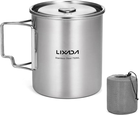 LIXADA Camping Cup Pot,750ml Stainless Steel Water Cup Mug with Foldable Handles and Lid for Outdoor Camping Hiking Backpacking