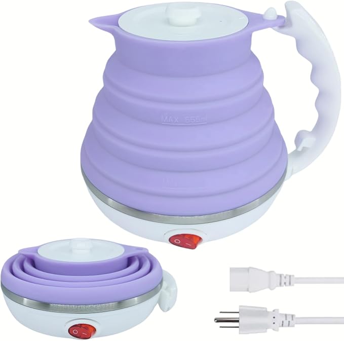 Collapsible Travel Kettle, Portable Electric Kettle, Travel Tea Kettle, Portable Water Boiler, Food Grade Silicone, Auto Shut off and Keep Warm, 110V 555ml (Purple)