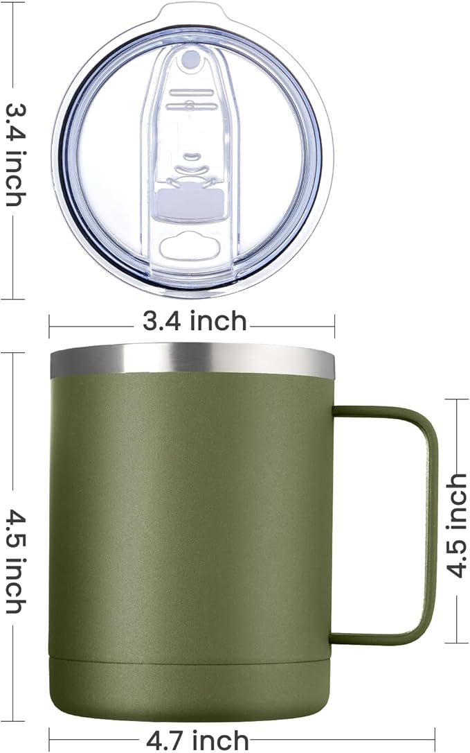 MEWAY 12oz Coffee Mug With Handle 2 Pack Bulk,Stainless Steel Insulated Travel Tumblers With Sliding Lid,Double Wall Vacuum Camping Cup for Hot & Cold Drinks Tea (Army Green,Set of 2)