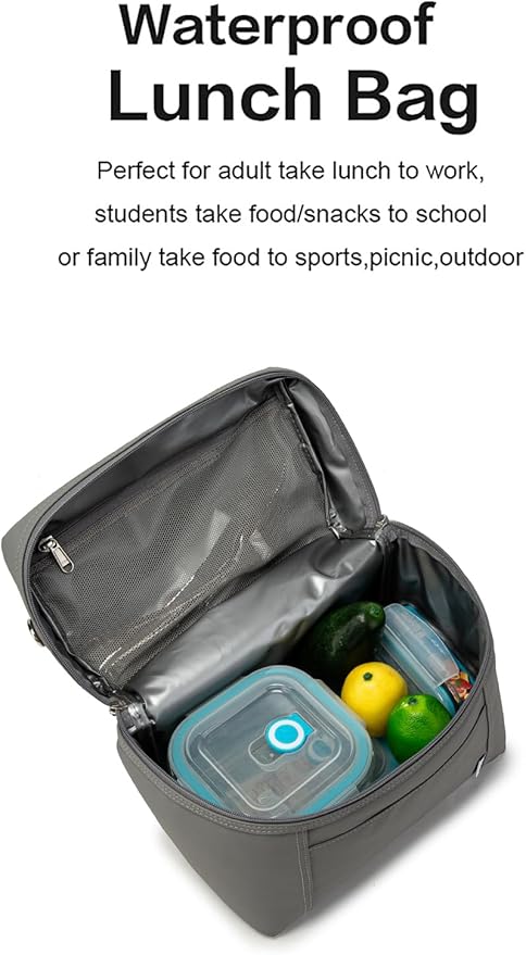 NOL Natural Organic Lifestyle Insulated Lunch Bags for Women Cooler Bag Lightweight Nylon Waterproof Lunch Box For Work (Cool gray, Medium(normal))