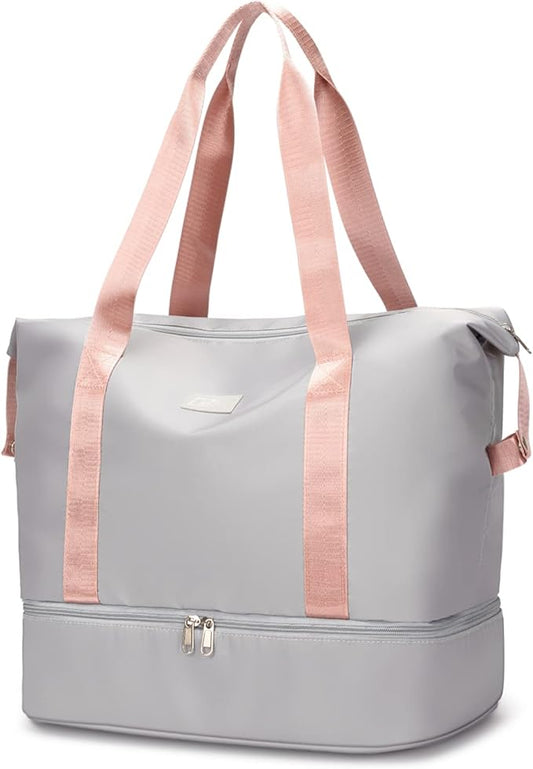 Large Travel Duffel Bag with Shoe Compartment, Gym Tote Carry on Bags for women, Lightweight Duffel Bags with Trolley Sleeve fit for Travel and Sport(Grey)