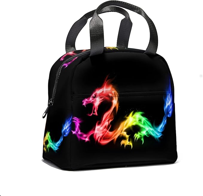 Giwawa Rainbow Dragon Insulated Lunch Bag Colorful Fire Animal Print Reusable Lunch Cooler Tote Box with Front Pocket & Zipper Closure for Kids Woman Man Work Picnic Travel