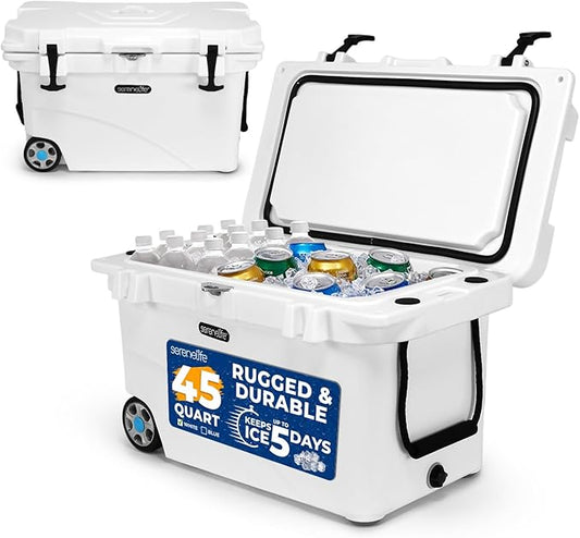 SereneLife Ultra-Tough 45 Quart Rotomolded Cooler Box with Wheels, Holds Upto 56 Cans, Keeps Ice Up to 5 Days, Heavy-Duty Insulated Portable Ice Chest Box, Ideal for Camping, Beach, and Outdoors