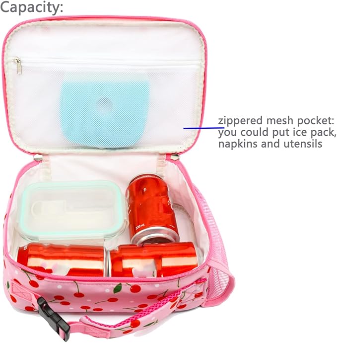 FlowFly Kids Lunch box Insulated Soft Bag Mini Cooler Back to School Thermal Meal Tote Kit for Girls, Boys,Cherry