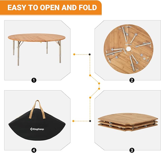 KingCamp Bamboo Round Folding Table Camping Table for Teepee Bell Tent 3 Fold Portable Camp Table with Heavy Duty Adjustable Height Aluminum Leg for Camping Picnic Indoor & Outdoor Card Game Dinning