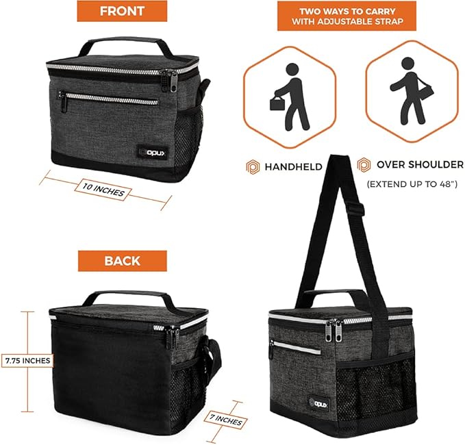 opux Insulated Lunch Box Men Women, Lunch Bag for Work School, Leakproof Soft Cooler Tote Adult, Large Lunch Pail Kids Boys Girls, Picnic Beach Food Bag with Shoulder Strap, Charcoal