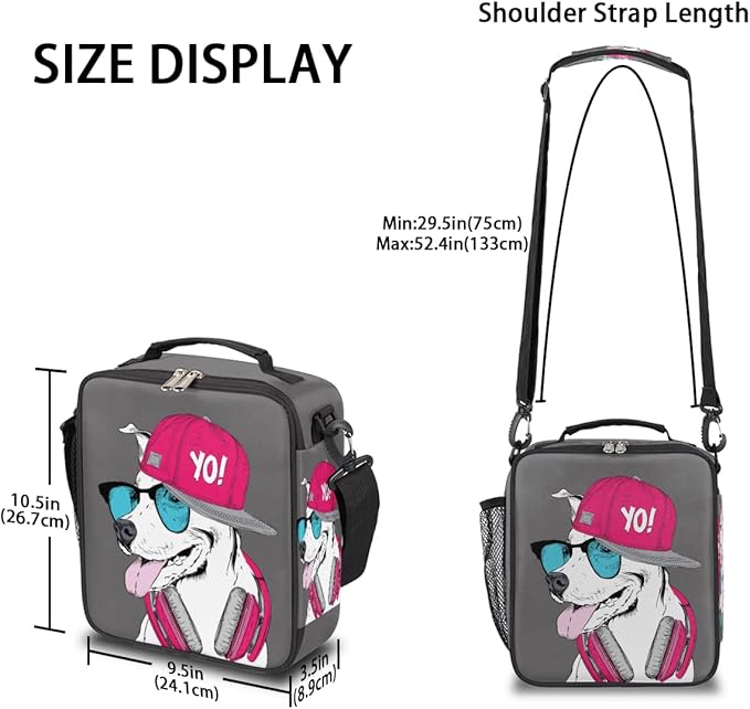 Grey Pink Dog Insulated Lunch Bag for Girls Boys Teen Funny Dog Reusable Lunch Box with Shoulder Strap Freezable Thermal Cooler Bag Meal Prep Boxs for School Travel Picnic Beach Lunch Pail