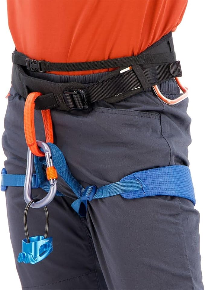 Black Diamond Mens Momentum Rock Climbing Harness Package with Harness, Chalk Bag, Chalk, Locking Carabiner, and Belay Device