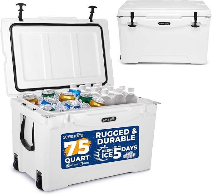 SereneLife 75-Quart Heavy-Duty Portable Cooler Box – Holds 63 Cans, 2L Bottles Upright – 5-Day Ice Retention – Rugged Ice Chest for Camping, Tailgating, Fishing, Beach & Outdoor Use (White)