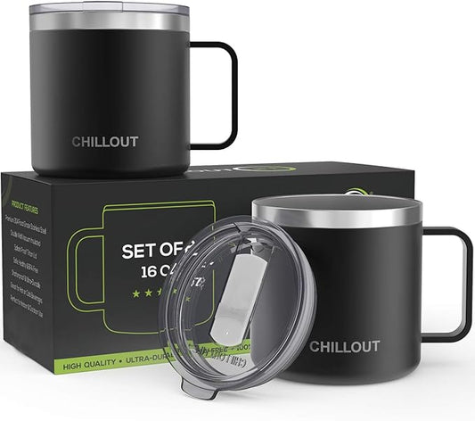CHILLOUT LIFE Stainless Steel 16 oz Vacuum Insulated Coffee Mug with Handle and Lid, Large Thermal Camping Coffee Mugs with Sliding Lid for Men & Women - Keeps your Beverages Hot/Cold, 2 Pack
