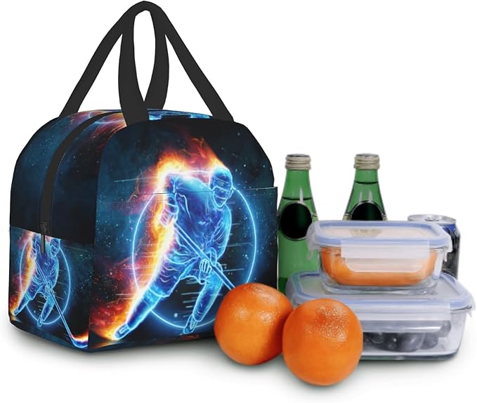 Giwawa Ice Hockey Lunch Bag for Kids Teens Red Fire Player Insulated Lunch Box with Front Pocket Reusable Thermal Cooler Lunch Tote Bag for Girls Boys School Students Men Women Picnic