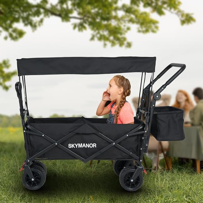 Collapsible Wagon with Removable Canopy, 3-in-1 Heavy Duty Garden Cart with Big All-Terrain Wheels, Brakes, Adjustable Push Pull Handle, Cooler Bag, 300LBS Wagon Cart for Camping (Black)