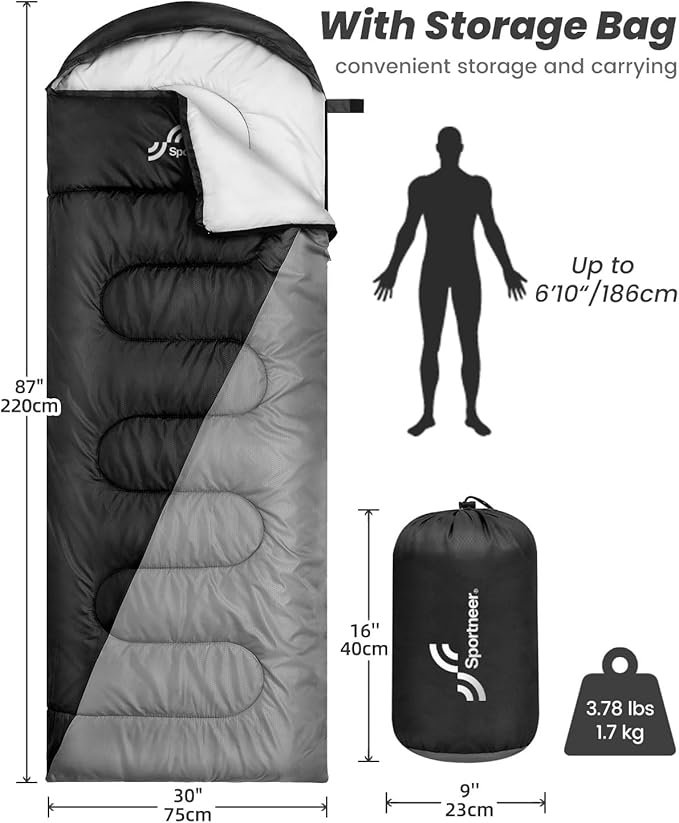 Sportneer Sleeping Bags for Adults, Warm & Cold Weather Sleeping Bag for Adults Kids Boys Girls - Lightweight Compact Camping Gear Equipment, Traveling, Backpacking, Hiking