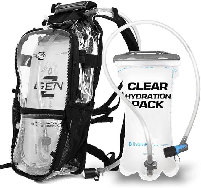 RAVERUNNER® Clear Hydration Pack | Festival Approved Hydration Backpack Clear with 2L Bladder & Quick Disconnect Hose | Clear Camelbak Water Backpack, Clear Hydration Backpack, Clear Camelbak