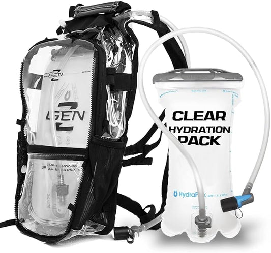 RAVERUNNER® Clear Hydration Pack | Festival Approved Hydration Backpack Clear with 2L Bladder & Quick Disconnect Hose | Clear Camelbak Water Backpack, Clear Hydration Backpack, Clear Camelbak
