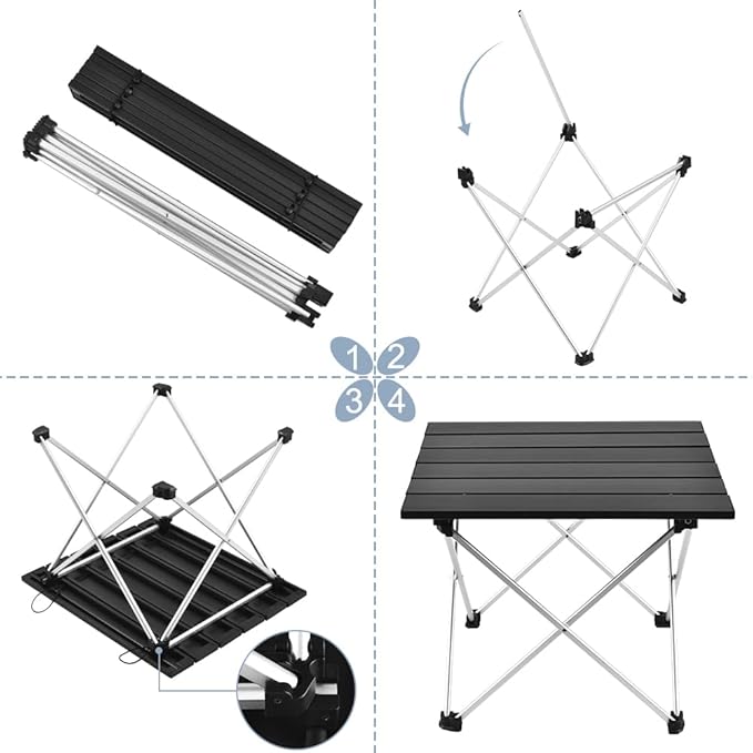 Tesouro Portable Camping Table,Folding Side Table Aluminum Top for Outdoor Cooking, Hiking, Travel, Picnic(Large, Black)