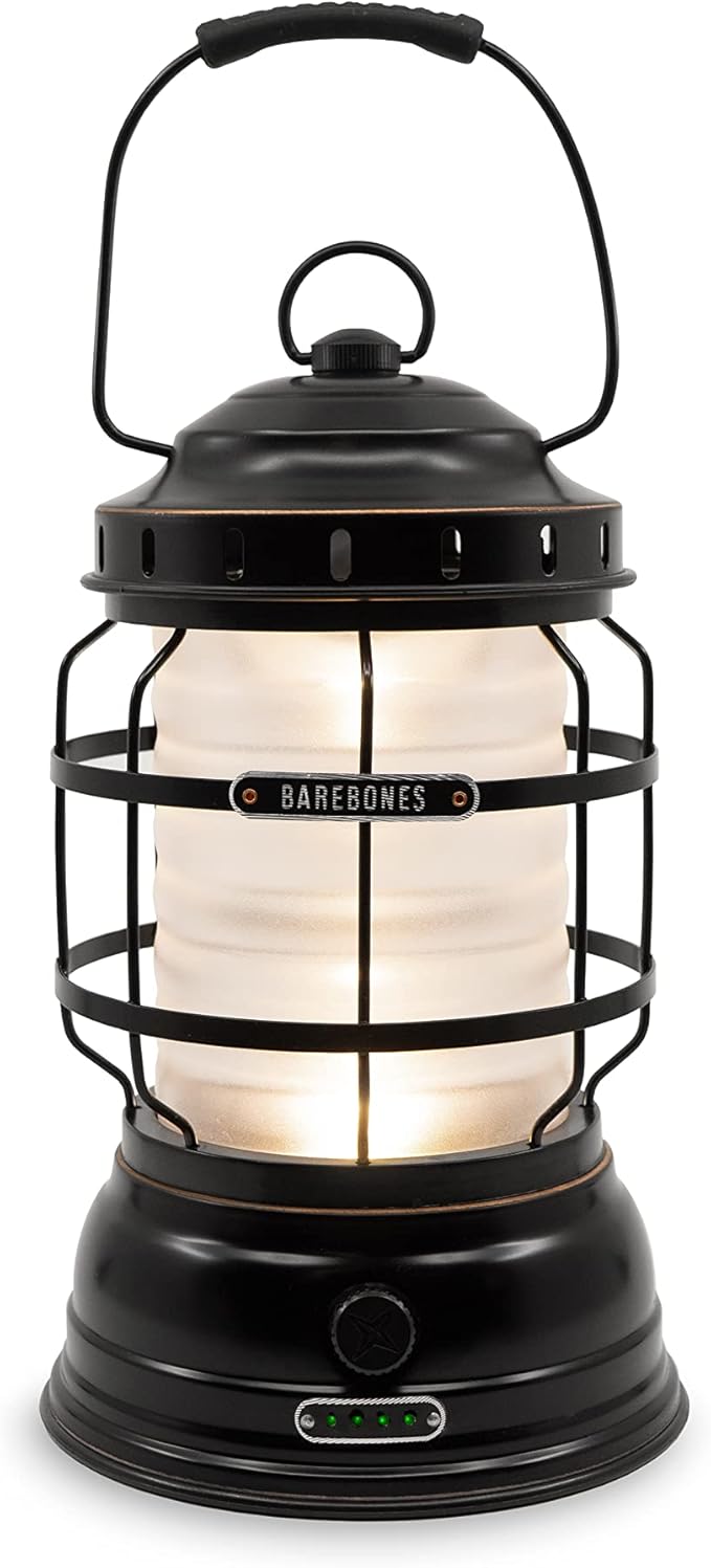 Barebones Forest Lantern – Antique Bronze, Vintage Rechargeable LED Lantern with Adjustable Brightness – Battery Operated Camping Light for Outdoor Adventures, Backyard Gatherings, and Emergency Use