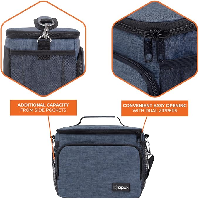 opux Insulated Lunch Bag for Men Women, Soft Lunch Box for Office Work School Picnic, Leakproof Lunch Cooler Bag with Shoulder Strap for Kid Adult Boy Girl, Medium Lunchbox Lunch Tote (Heather Navy)