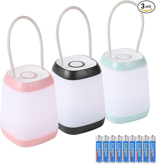 3 Pack LED Camping Light, 3 Light Modes Battery Powered Night Light for Indoor and Outdoor Emergency Light, Tent Lantern, Camping (Pink, Black, Green), three-colour