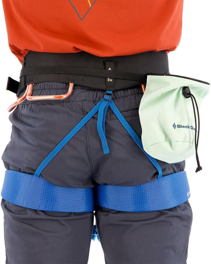 Black Diamond Mens Momentum Rock Climbing Harness Package with Harness, Chalk Bag, Chalk, Locking Carabiner, and Belay Device
