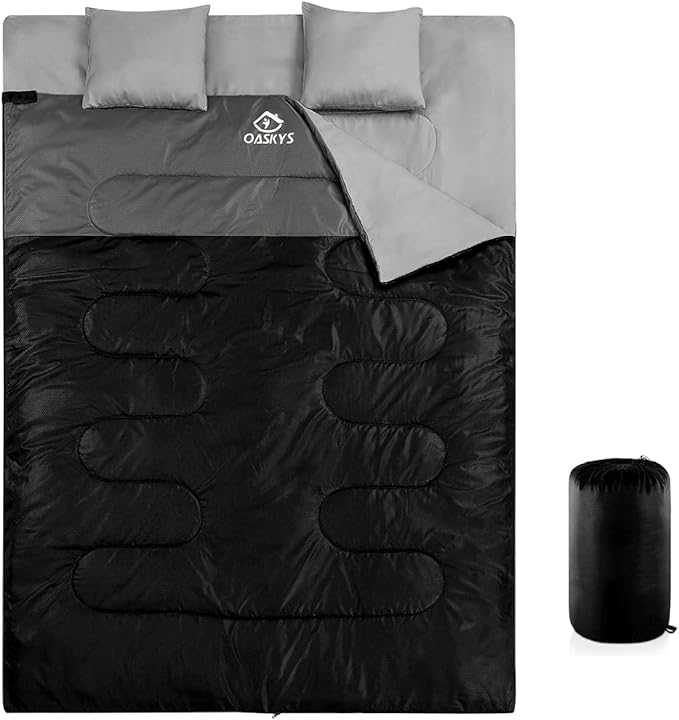 oaskys Double Sleeping Bag for Adults with 2 Pillows - Queen Size XL Waterproof Sleeping Bag for All Season Camping Hiking Backpacking 2 Person Sleeping Bags for Cold Weather & Warm