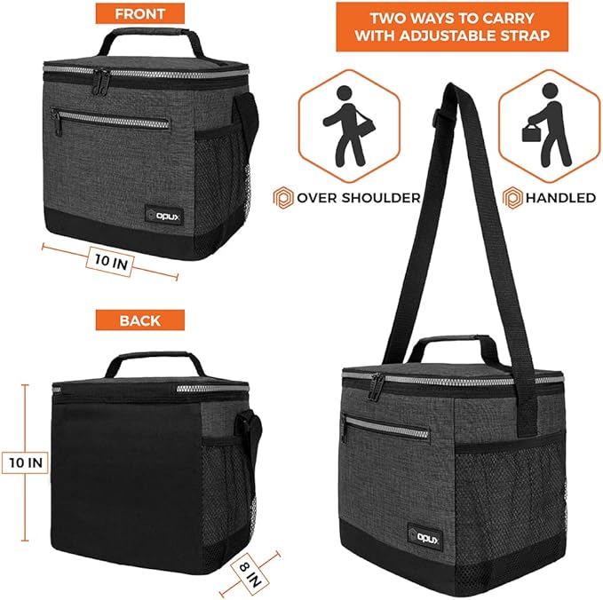 opux Extra Large Insulated Lunch Box Men Women, Lunch Bag for Work, Leakproof Soft Cooler Tote Adult, Lunch Pail, Picnic Beach Collapsible Food Bag with Shoulder Strap, Charcoal