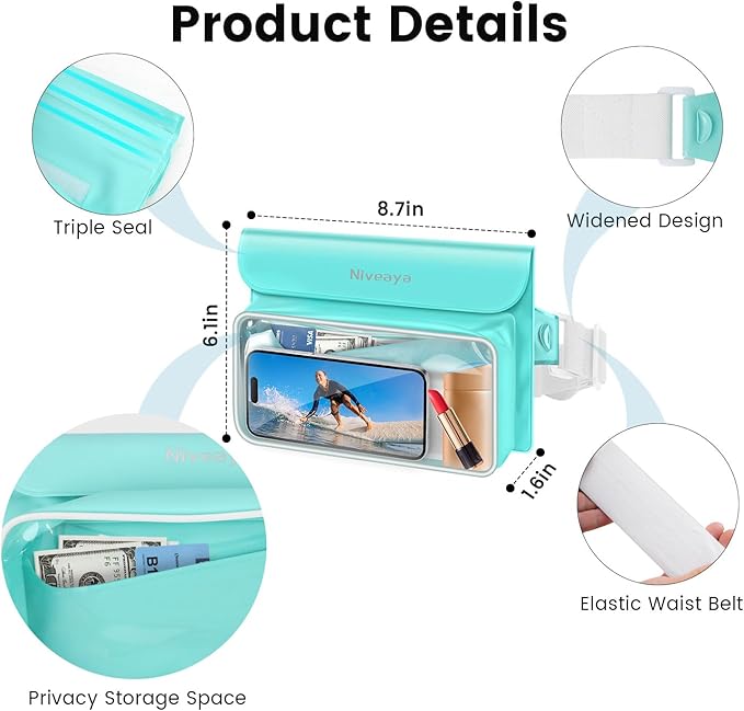 Niveaya IP68 Waterproof Fanny Pack - 2 Pack, Floating Dry Bag Pouch, Phone Waterproof Waist Pouch Dry Bag, Beach, Kayaking, Swimming, Boat Essentials, for iPhone 16/15/14/13/12 Pro Max up to 9.5"