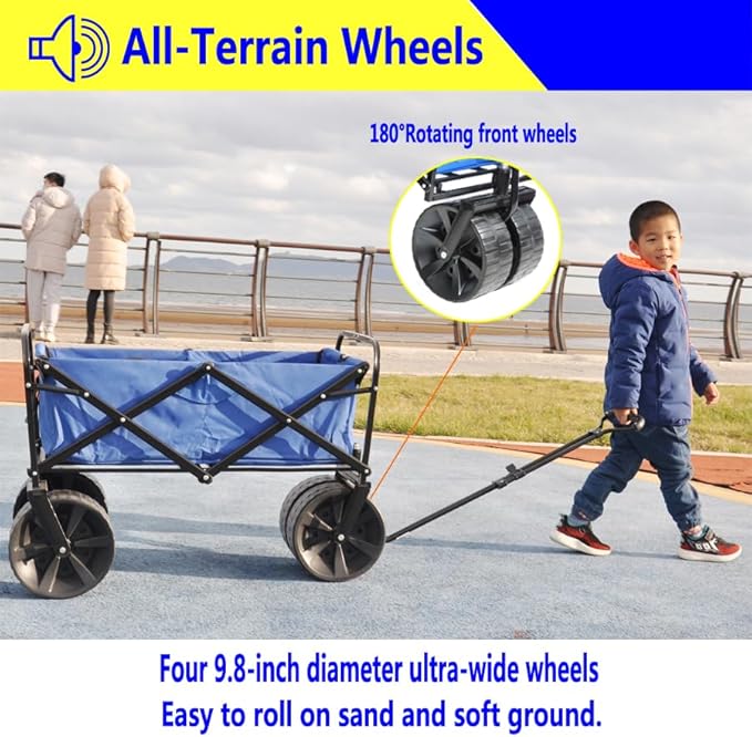 Collapsible Folding Wagon Garden Shopping Beach Cart,Heavy Duty Utility Buggy with Big Wheels,Adjustable Handle and Cup Holder,for Sand,Camping,Outdoor,40.55",Blue