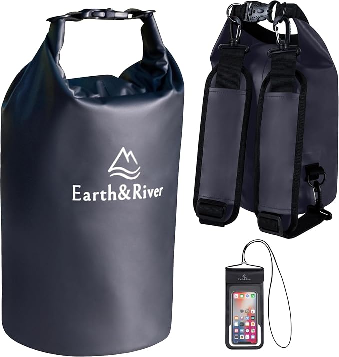 EARTH&RIVER Premium Waterproof Dry Bag Backpack, Extra Thick, Protection for All Water Activities & Camping, Floating Lightweight Dry Bag & IPX8 Waterproof Phone Case (Black, 5L)