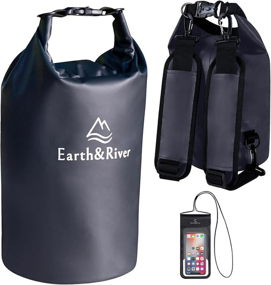 EARTH&RIVER Premium Waterproof Dry Bag Backpack, Extra Thick, Protection for All Water Activities & Camping, Floating Lightweight Dry Bag & IPX8 Waterproof Phone Case (Black, 5L)