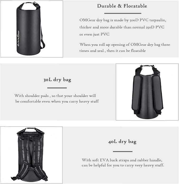OMGear Waterproof Dry Bag Backpack Phone Pouch 40L/30L/20L/10L/5L Floating Dry Sack for Kayaking Boating Outdoors Activities