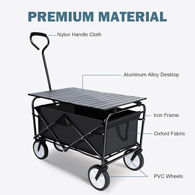 Heavy Duty Portable Folding Wagon and Collapsible Aluminum Alloy Table Combo Utility Outdoor Camping Cart with Universal Anti-slip Wheels & Adjustable Handle along with Metal Board Desktop, Black