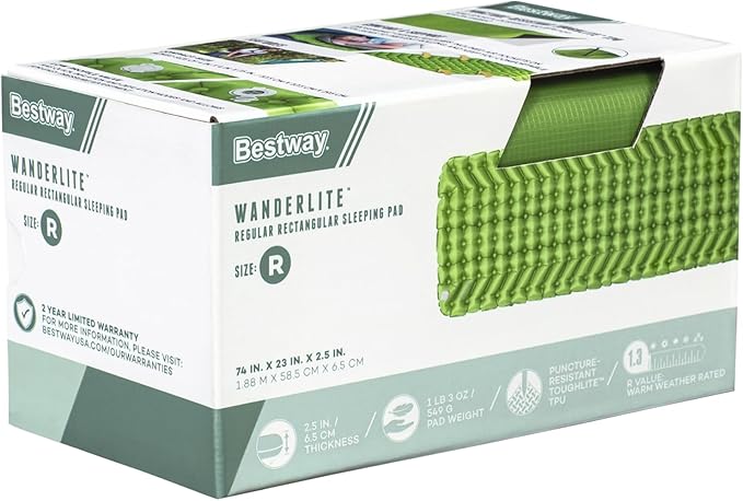 Bestway WanderLite 74 Inch by 23 Inch Regular Rectangular Nylon Fabric Outdoor Sleeping Air Pad with Repair Patch and Storage Bag, Green