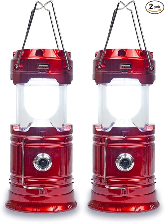 Solar Camping Lantern Rechargeable USB,COB LED Lantern Flashlight 2 Power Supply Modes Survival Kit for Emergency, Hurricane(Red 2 Pack)